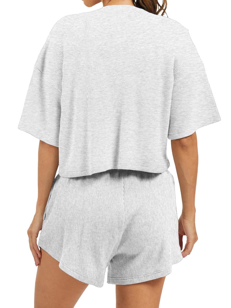AnotherChill Women's Cropped Waffle Knit Lounge Set â€“ Short Sleeve Henley Top and High Waisted Shorts 2 Piece Casual Outfit (Light-Grey, Small) - Image 4