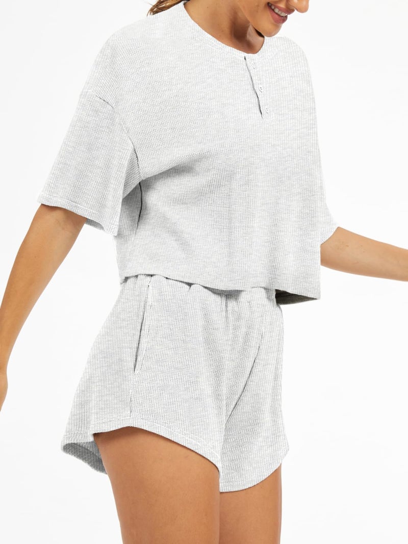 AnotherChill Women's Cropped Waffle Knit Lounge Set â€“ Short Sleeve Henley Top and High Waisted Shorts 2 Piece Casual Outfit (Light-Grey, Small) - Image 3