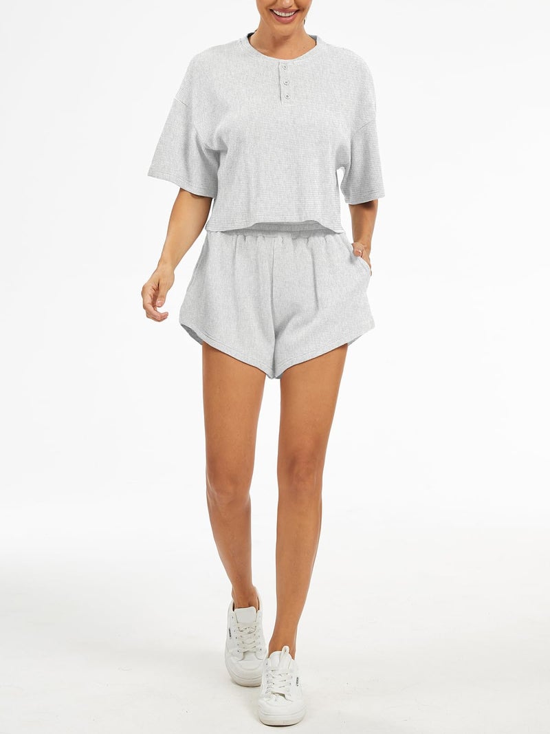 AnotherChill Women's Cropped Waffle Knit Lounge Set â€“ Short Sleeve Henley Top and High Waisted Shorts 2 Piece Casual Outfit (Light-Grey, Small) - Image 5