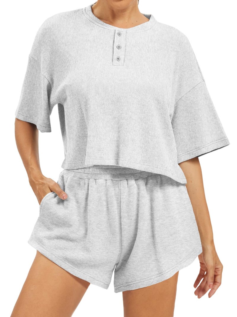 AnotherChill Women's Cropped Waffle Knit Lounge Set â€“ Short Sleeve Henley Top and High Waisted Shorts 2 Piece Casual Outfit (Light-Grey, Small) - Image 1
