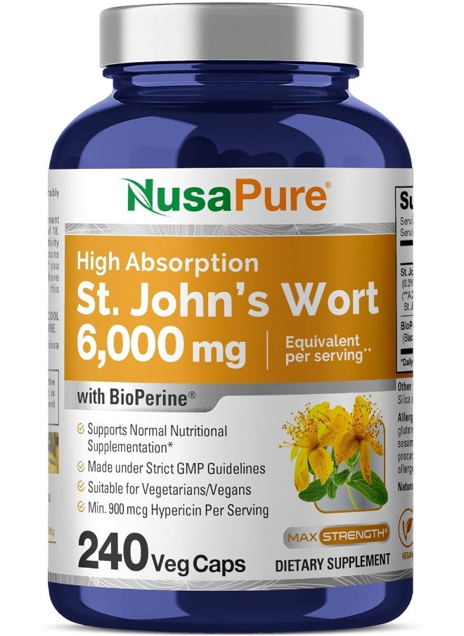 NusaPure St. John's Wort 6000 mg per Serving. 240 Veggie Capsules (Vegetarian, Non-GMO & Gluten-Free) with BioPerine  - Image 1