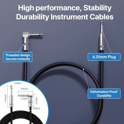 GOGHOST Short Guitar Cable 6.6FT, Amp Chord Electric Bass Amp Cord Braided, TS 1/4 Quarter Inch Straight to Right Angle Bass Instrument Cables Pro Audio (Black, 1Pack) - Image 3