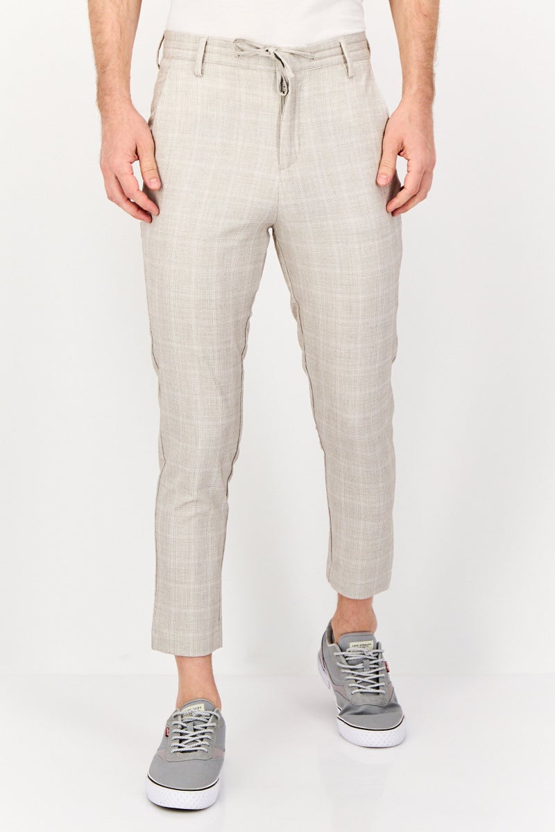 Celio Men Stretch Fit Micro Check Dress Pants, Beige  - Image 1