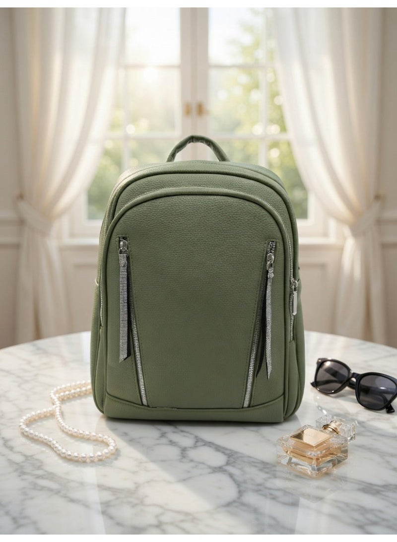 SUNSTAR Premium Olive Green Leather Backpack – Modern Fashion Mini Travel Bag - Image 1