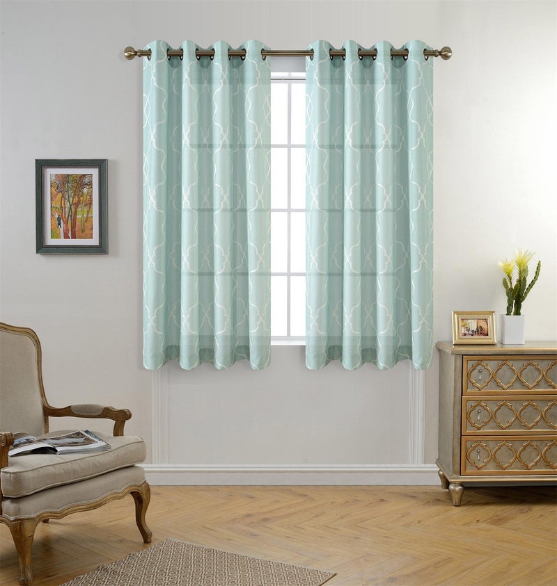 MIUCO Moroccan Embroidered Semi Sheer Curtains Faux Linen Grommet Window Panel Pair for Kitchen 52 x 63 Inch, Subtle Green - Image 2