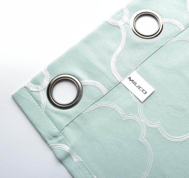 MIUCO Moroccan Embroidered Semi Sheer Curtains Faux Linen Grommet Window Panel Pair for Kitchen 52 x 63 Inch, Subtle Green - Image 4