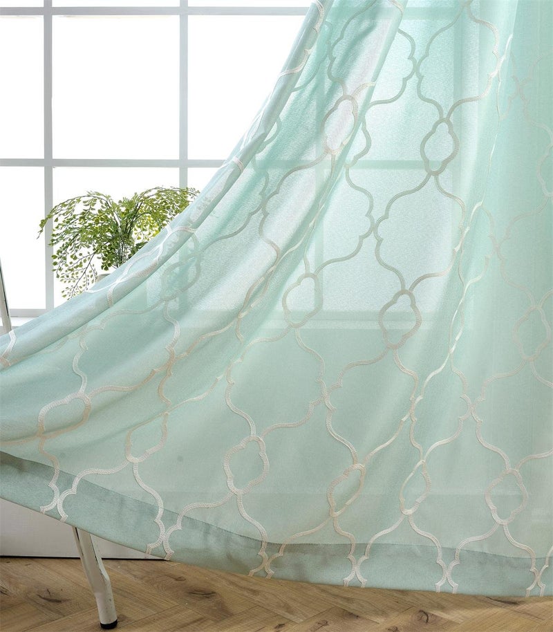 MIUCO Moroccan Embroidered Semi Sheer Curtains Faux Linen Grommet Window Panel Pair for Kitchen 52 x 63 Inch, Subtle Green - Image 1