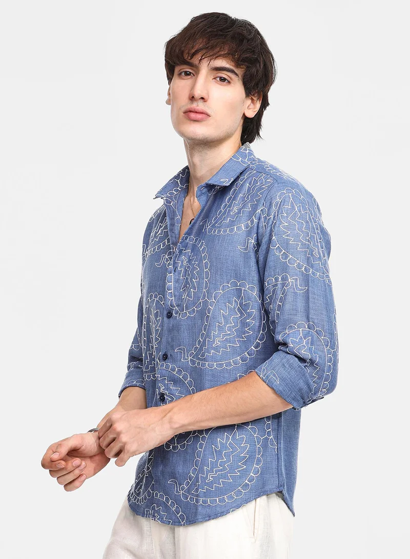 CAHOOT  Men's Icy Blue Paisley-Lined Shirt For Casual Wear | Spread Collar | Long Sleeve | Button Closure | Shirt Crafted With Comfort Fit For Everyday Wear for Men | Best Price UAE