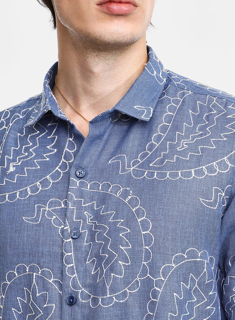 CAHOOT  Men's Icy Blue Paisley-Lined Shirt For Casual Wear | Spread Collar | Long Sleeve | Button Closure | Shirt Crafted With Comfort Fit For Everyday Wear for Men | Best Price UAE