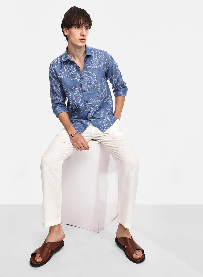 CAHOOT  Men's Icy Blue Paisley-Lined Shirt For Casual Wear | Spread Collar | Long Sleeve | Button Closure | Shirt Crafted With Comfort Fit For Everyday Wear for Men | Best Price UAE