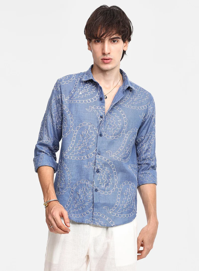 Men's Icy Blue Paisley-Lined Shirt For Casual Wear | Spread Collar | Long Sleeve | Button Closure | Shirt Crafted With Comfort Fit For Everyday Wear
