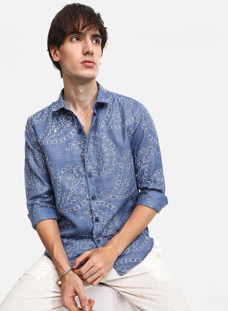 CAHOOT  Men's Icy Blue Paisley-Lined Shirt For Casual Wear | Spread Collar | Long Sleeve | Button Closure | Shirt Crafted With Comfort Fit For Everyday Wear for Men | Best Price UAE