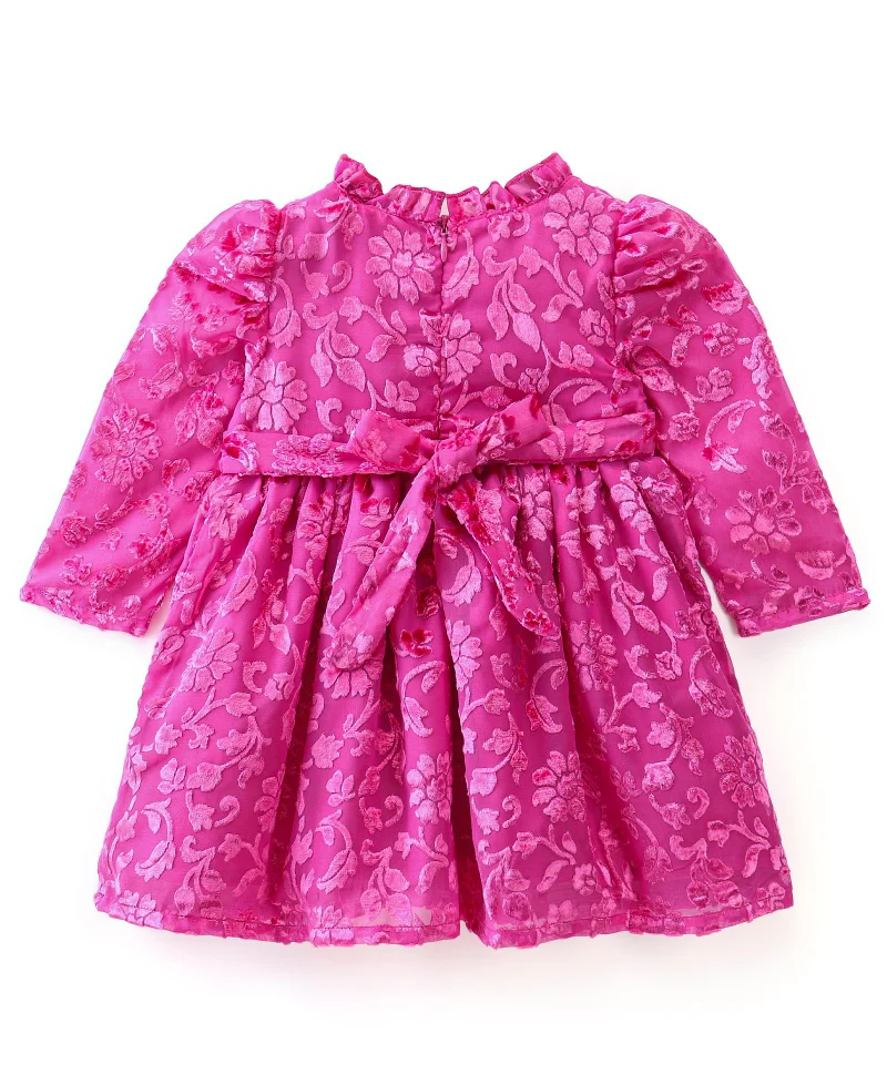 babyhug Babyhug Full Sleeves Textured Fabric Party Frock with Bow Applique  - Fuchsia