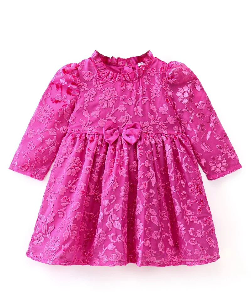babyhug Babyhug Full Sleeves Textured Fabric Party Frock with Bow Applique  - Fuchsia