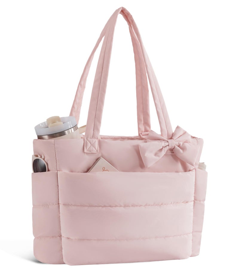 CTWWFS Puffer Tote Bag for Women, Quilted Bow Tote Bag with Cup Holder & 15.6 In Laptop Compartment, Lightweight Puffy Shoulder Bag with Zipper for Work, Travel, Gym, College (Pink) - Image 1