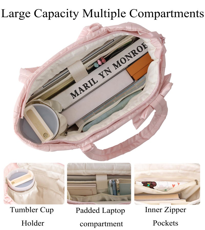 CTWWFS Puffer Tote Bag for Women, Quilted Bow Tote Bag with Cup Holder & 15.6 In Laptop Compartment, Lightweight Puffy Shoulder Bag with Zipper for Work, Travel, Gym, College (Pink) - Image 4