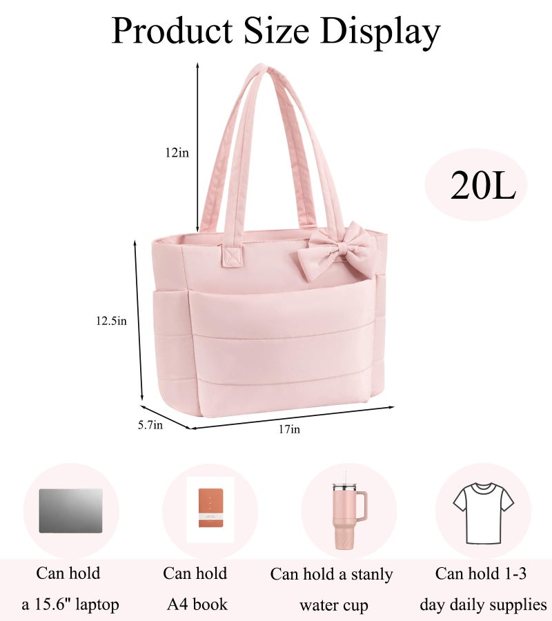 CTWWFS Puffer Tote Bag for Women, Quilted Bow Tote Bag with Cup Holder & 15.6 In Laptop Compartment, Lightweight Puffy Shoulder Bag with Zipper for Work, Travel, Gym, College (Pink) - Image 3