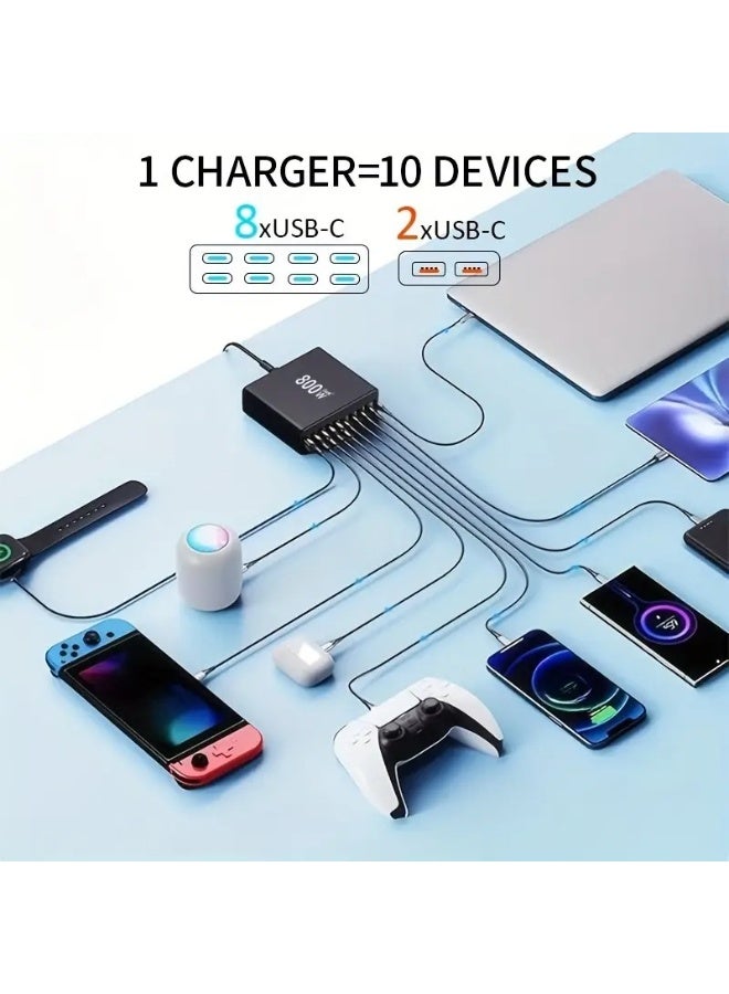 ATECH 800W USB A&USB C Charging Station,8 Type-C Ports【2×140W, 2×100W, 4×65W 】 2 USB Ports QC30W Charge Charging Station Type-C hub, GaN Technology, Fast Charge Wall Plug with 1.5m Power Cord Gray  - Image 3