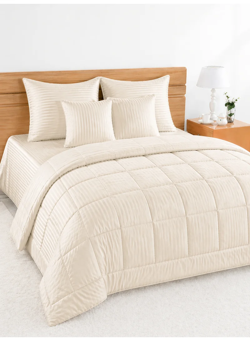 Hotel Linen Klub Hotel Linen Klub Double Comforter Set - 6 Pieces, Luxurious 100% Cotton with 250 Thread Count Sateen, Stylish Classic Stripe Pattern - Soft Microfiber Filling, Size: 220 x 240 cm, Cream