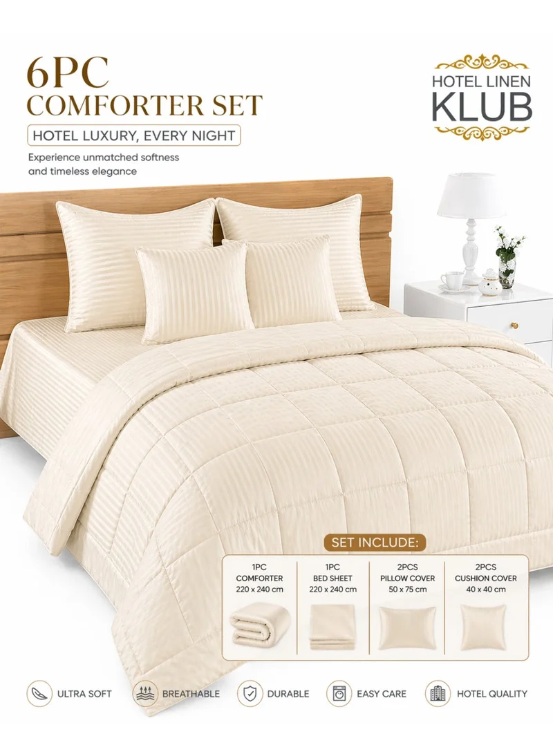 Hotel Linen Klub Hotel Linen Klub Double Comforter Set - 6 Pieces, Luxurious 100% Cotton with 250 Thread Count Sateen, Stylish Classic Stripe Pattern - Soft Microfiber Filling, Size: 220 x 240 cm, Cream