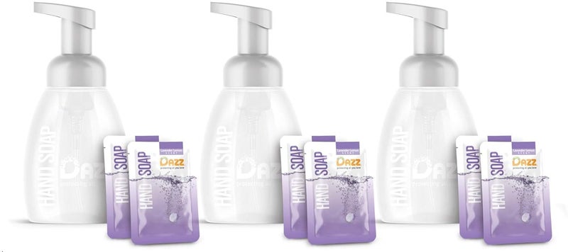 Dazz Foaming Hand Soap Whole House Starter Kit 3 Reusable Foaming Bottle Dispensers 6 Tablet Packets Liquid Hand Wash Naturally Safe  Non Toxic Rich Lather Lavender Lemon Scent