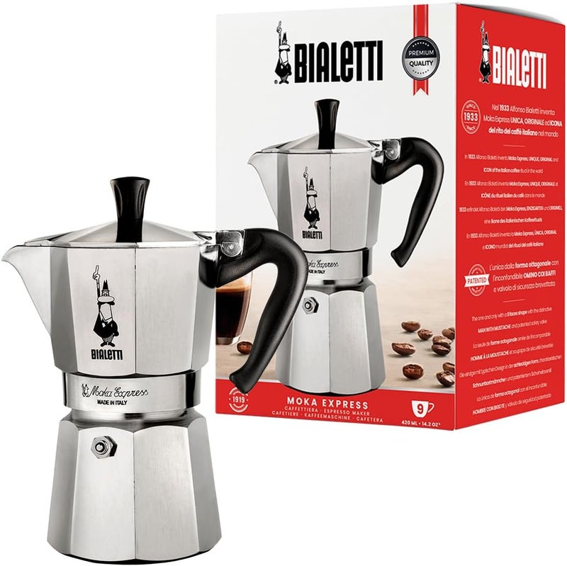 Bialetti - Moka Express: Iconic Stovetop Espresso Maker, Makes Real Italian Coffee, Moka Pot 9 Cups (14 Oz - 420 Ml), Aluminium, Silver - Image 1