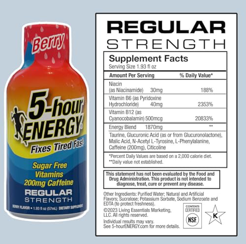 5-hour ENERGY 5hour ENERGY Shots Regular Strength Berry Flavor 30 Count 193 Fl Oz Sugar Free Zero Calories Amino Acids and Essential B Vitamins Dietary Supplement Feel Alert and Energized 200 mg Caffeine - Image 5