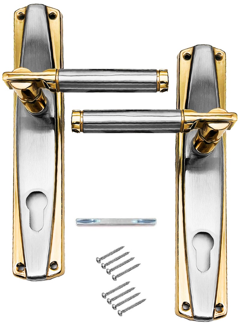 Pair Of Door Handles With Lock Slot Golden/Silver Color