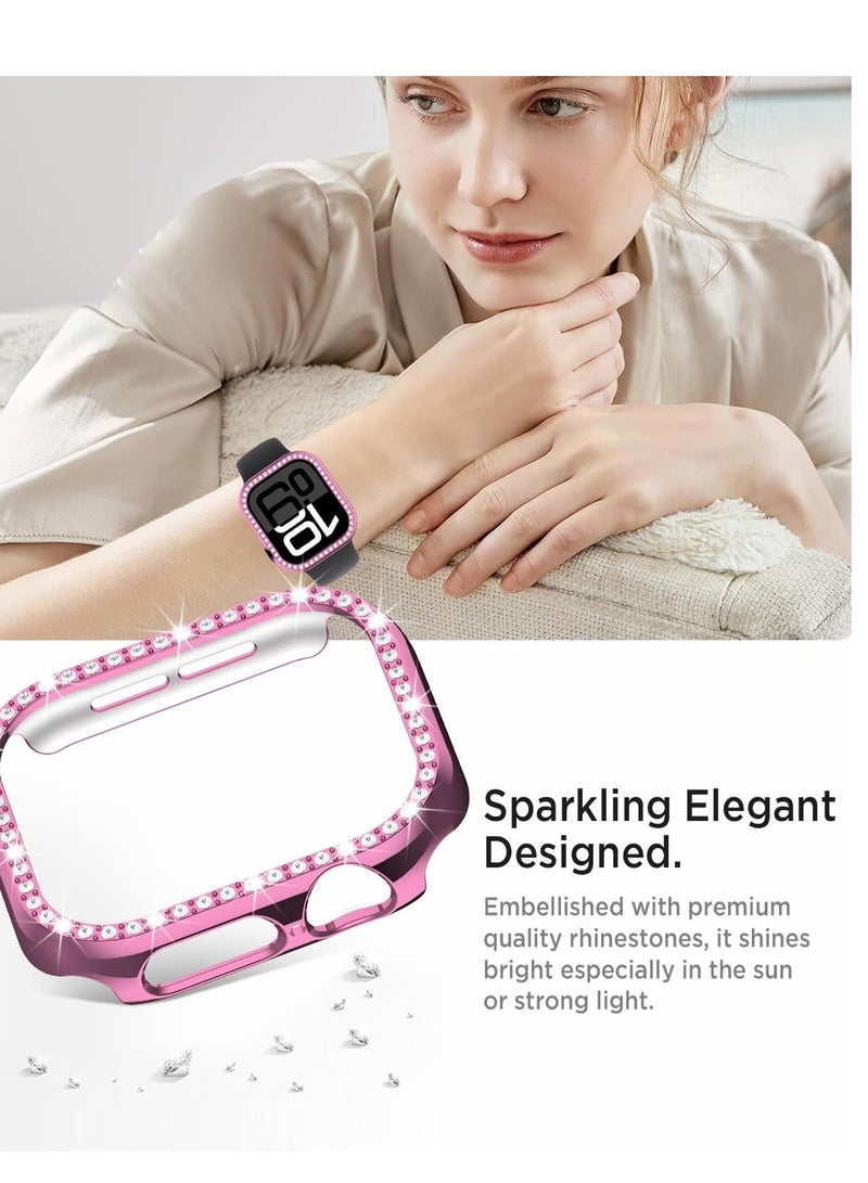 Bling Case for Apple Watch Series 10 46mm, Glitter Hard PC Cover with Tempered Glass Screen Protector, Crystal Diamonds Bumper Film for Women Girls, Apple Watch Case Series 10 46mm-Pink - Image 2