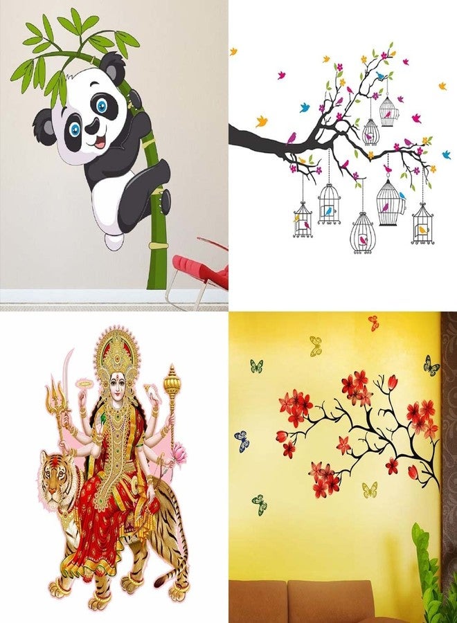 Merical Baby Panda, Chinese Flower, Branches Flowers & BirdCages, Sherawali Maa Wall Stickers for Living Room, Hall, Wall D�cor (Material: PVC Vinyl) - Image 1