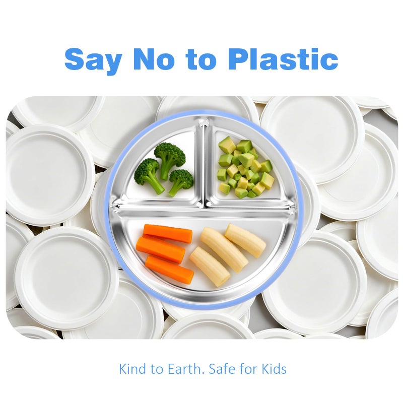 Bakpoco Stainless Steel Toddler Plate with Suction, 9â€ Divided Plates with Removable Silicone Sleeves for Kids, Non Toxic & BPA Free | Non Slip | Unbreakable Baby Snack Dishes Set of 2, Blue & Gray - Image 3