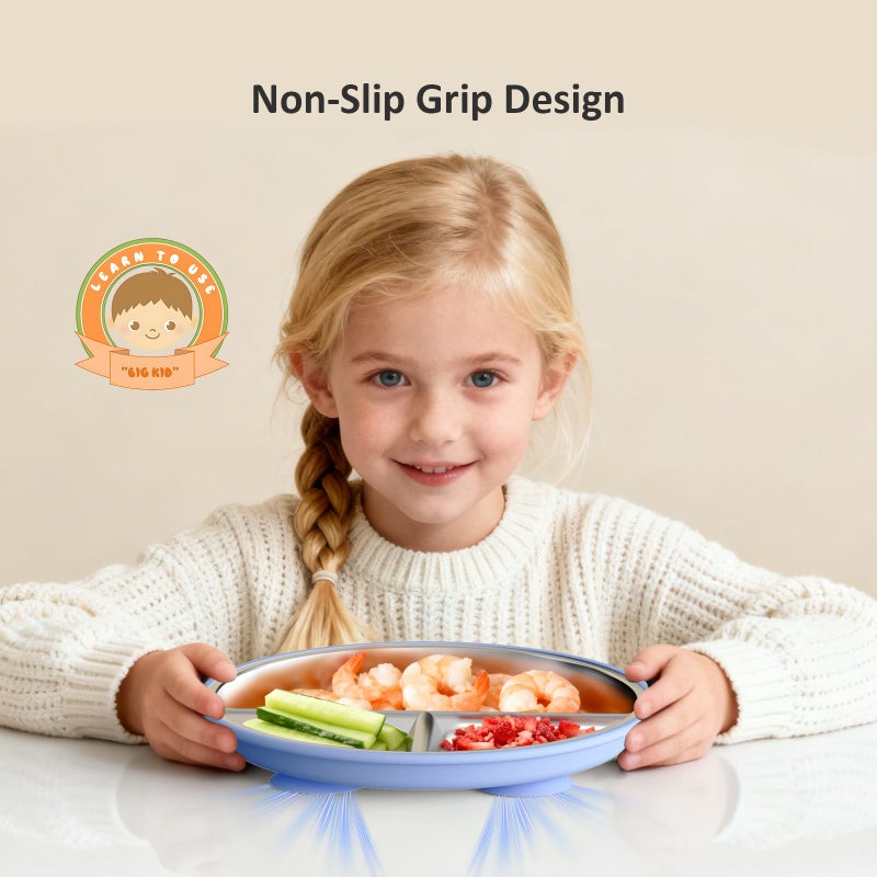Bakpoco Stainless Steel Toddler Plate with Suction, 9â€ Divided Plates with Removable Silicone Sleeves for Kids, Non Toxic & BPA Free | Non Slip | Unbreakable Baby Snack Dishes Set of 2, Blue & Gray - Image 4