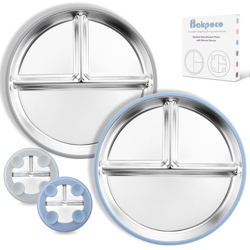 Bakpoco Stainless Steel Toddler Plate with Suction, 9â€ Divided Plates with Removable Silicone Sleeves for Kids, Non Toxic & BPA Free | Non Slip | Unbreakable Baby Snack Dishes Set of 2, Blue & Gray - Image 1