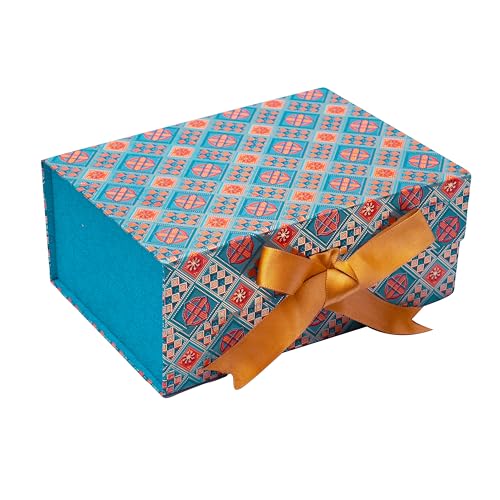 Boxotica Blue Patterned Small Gift Box – Foldable Rigid Hamper with Ribbon & Greeting Card, Reusable Keepsake Box for Dry Fruits, Weddings, Birthdays, Housewarming Return Gifts, Thambulam & Vratham Kits | 23.5×17×10 cm - Image 1
