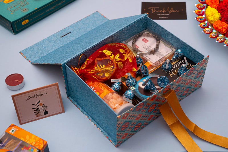 Boxotica Blue Patterned Small Gift Box – Foldable Rigid Hamper with Ribbon & Greeting Card, Reusable Keepsake Box for Dry Fruits, Weddings, Birthdays, Housewarming Return Gifts, Thambulam & Vratham Kits | 23.5×17×10 cm - Image 4