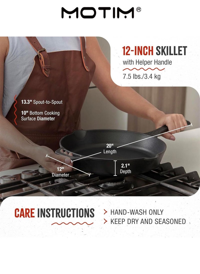 Motim Large Frying Pan Cast Iron Skillet with Helper Handle - Indoor and Outdoor Use - Grill Stovetop Induction Safe(12 Inch) - Image 4
