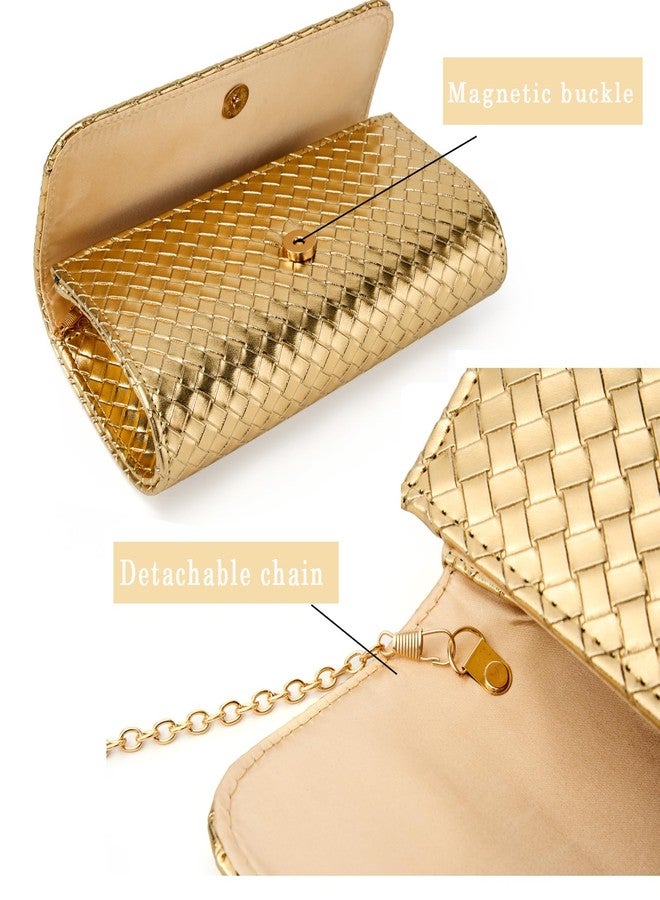 MUDUO Women's Woven Evening Bag Casual Leather Shoulder Handbag Fashion Crossbody Clutch Purse (BZ18-Gold) - Image 5