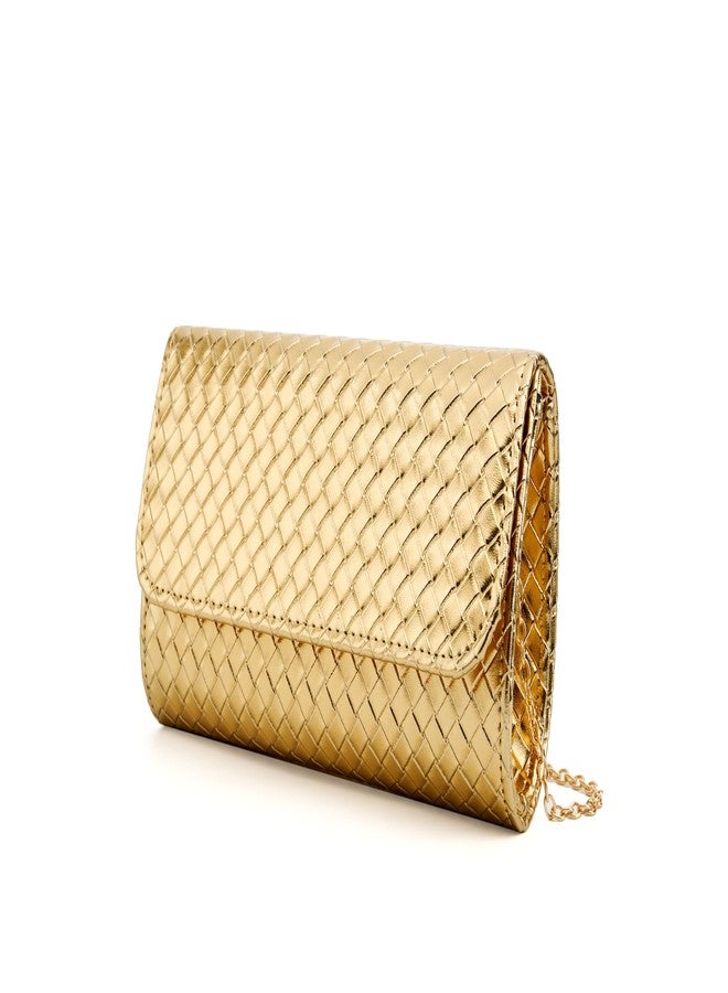 MUDUO Women's Woven Evening Bag Casual Leather Shoulder Handbag Fashion Crossbody Clutch Purse (BZ18-Gold) - Image 3