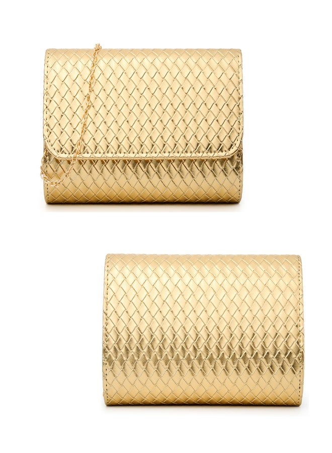 MUDUO Women's Woven Evening Bag Casual Leather Shoulder Handbag Fashion Crossbody Clutch Purse (BZ18-Gold) - Image 4