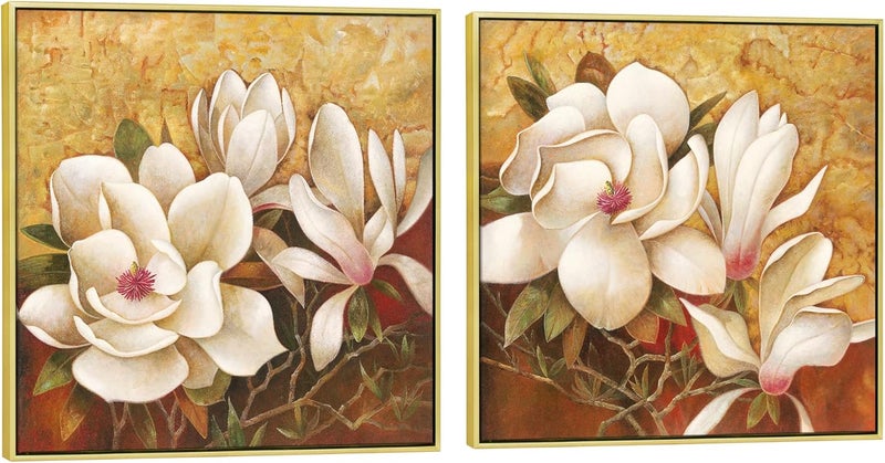 Pyradecor Large Gold Framed Magnolia Flowers 2 Panels Floral Canvas Prints - Image 1