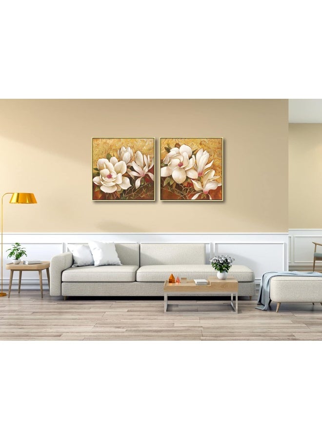 Pyradecor Large Gold Framed Magnolia Flowers 2 Panels Floral Canvas Prints - Image 2