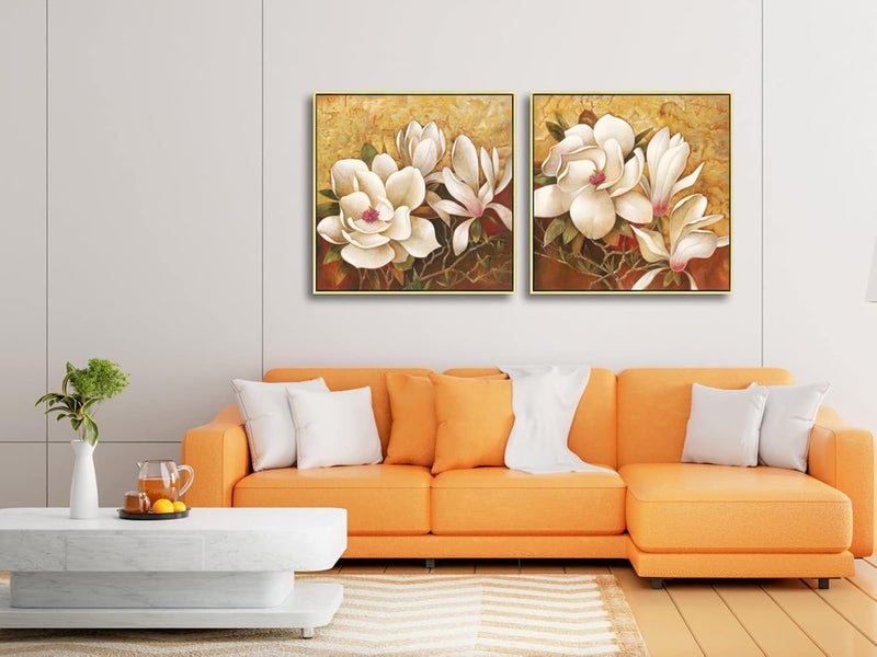 Pyradecor Large Gold Framed Magnolia Flowers 2 Panels Floral Canvas Prints - Image 4