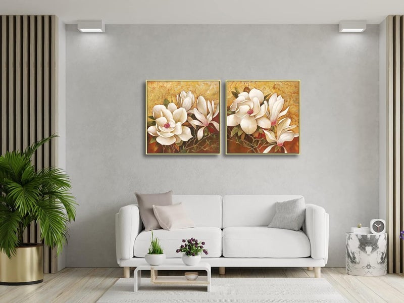 Pyradecor Large Gold Framed Magnolia Flowers 2 Panels Floral Canvas Prints - Image 5