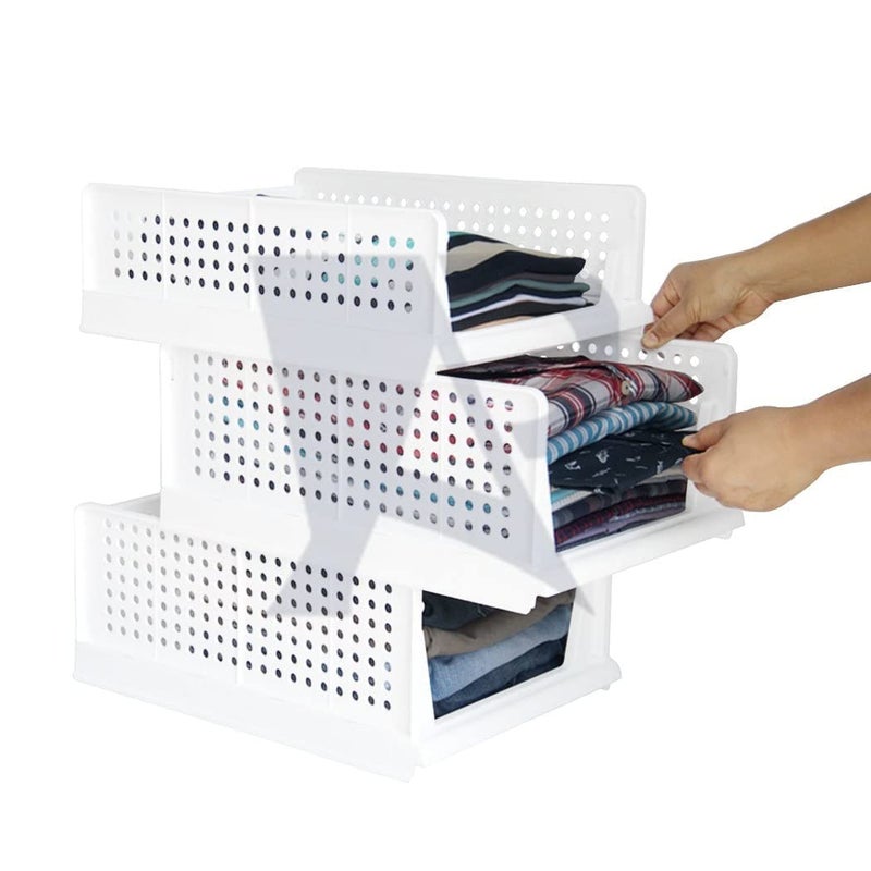 Aditya polymers polypropylene Pack of 4 PcsLarge Clothes Shirt Stacker Organizer Cupboard Foldable Stackable Multipurpose Adjustable Sliding Tray Basket 445x335x185 Cms Clothing White - Image 2
