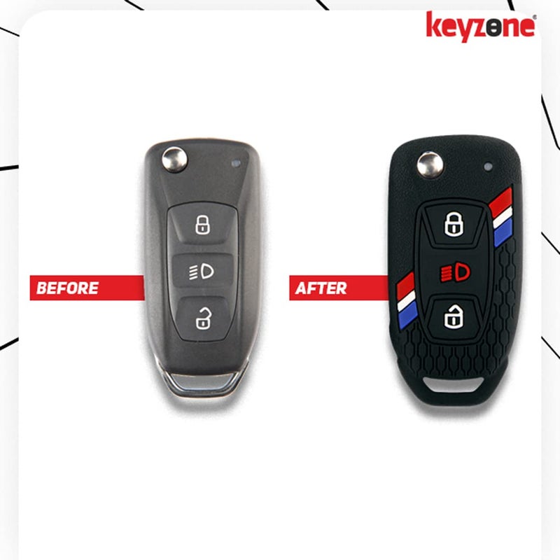 KeyZone Striped Silicone Key Cover & Keychain Compatible for Tata Curvv, Nexon, Harrier, Safari, Altroz, Punch, Tigor, Tiago 3 Button Flip (Blue with Blue Alloy Keyring) - Image 5