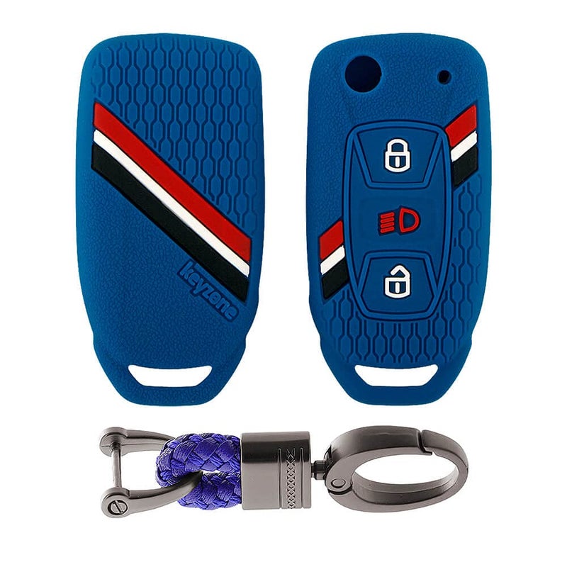 KeyZone Striped Silicone Key Cover & Keychain Compatible for Tata Curvv, Nexon, Harrier, Safari, Altroz, Punch, Tigor, Tiago 3 Button Flip (Blue with Blue Alloy Keyring) - Image 1