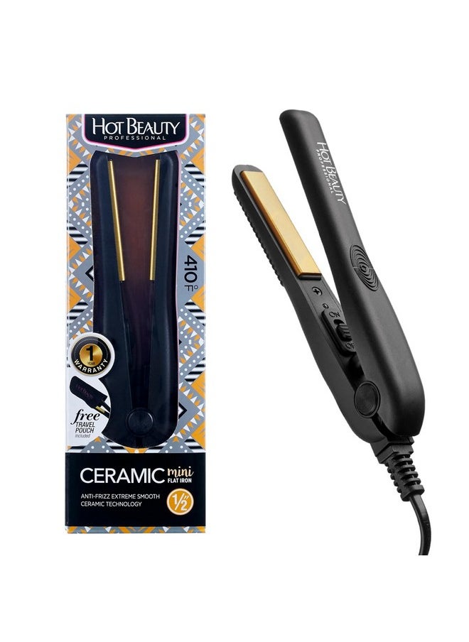 Hot Beauty - Professional Ceramic Mini Flat Iron 12 Antifrizz Fast Heating Versatile Styling For Curly & Straight Hair Ideal For Traveling With Travel Pouch (Black) - Image 1