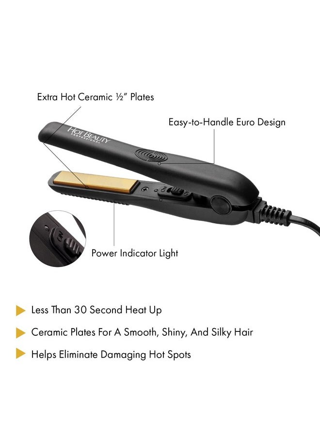 Hot Beauty - Professional Ceramic Mini Flat Iron 12 Antifrizz Fast Heating Versatile Styling For Curly & Straight Hair Ideal For Traveling With Travel Pouch (Black) - Image 1