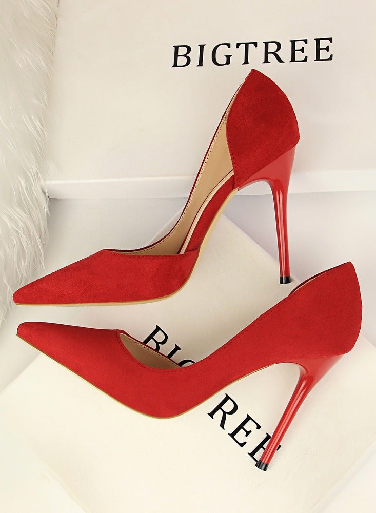 بيج تري Women's Elegant Side Hollow Stiletto Pumps 10.5 cm Elegant Gorgeous Closed Pointed Toe Slip On Solid High Heels Red - Image 3