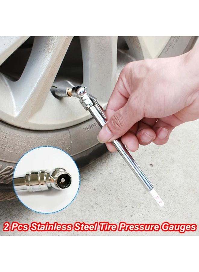 2pcs Stainless Steel Tire Pressure Gauge Durable Portable For Cars Trucks Bikes - Image 1